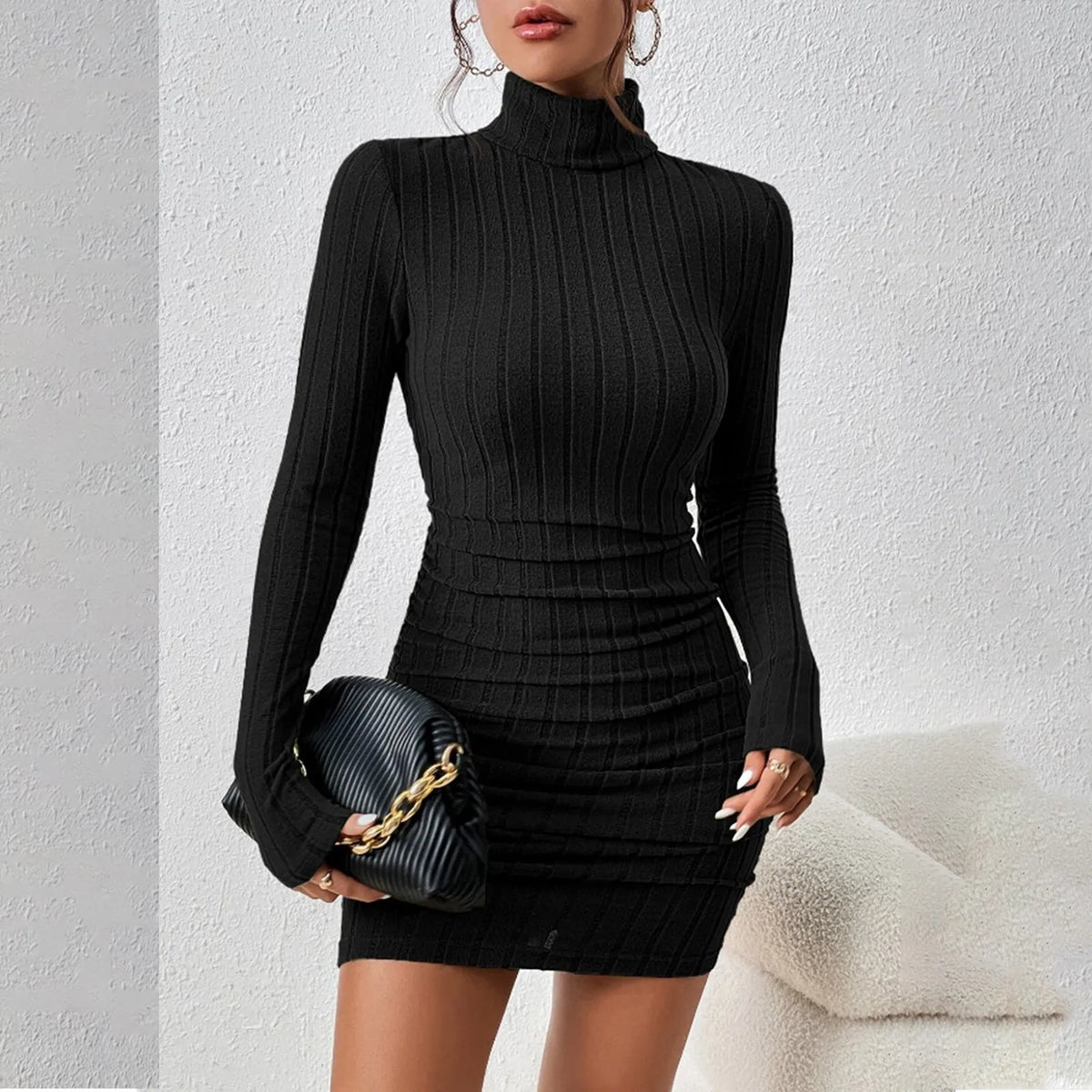 Knitted Bottoming Dress Women Elegant Party Autumn Winter Turtleneck Long Sleeves Sexy Sheath Mini Dresses Bodycon Club Dress