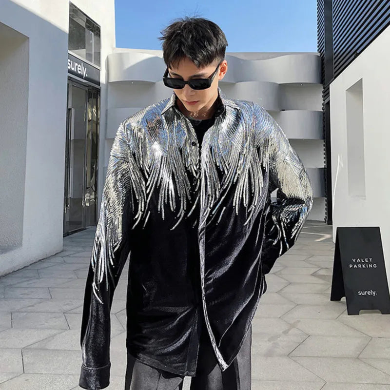 IEFB Summer Embroidery Sequin Velvet Fashionable Temperament Men's Long Sleeve Shirts Lapel Personal Design Oversize Tops 9Y6658