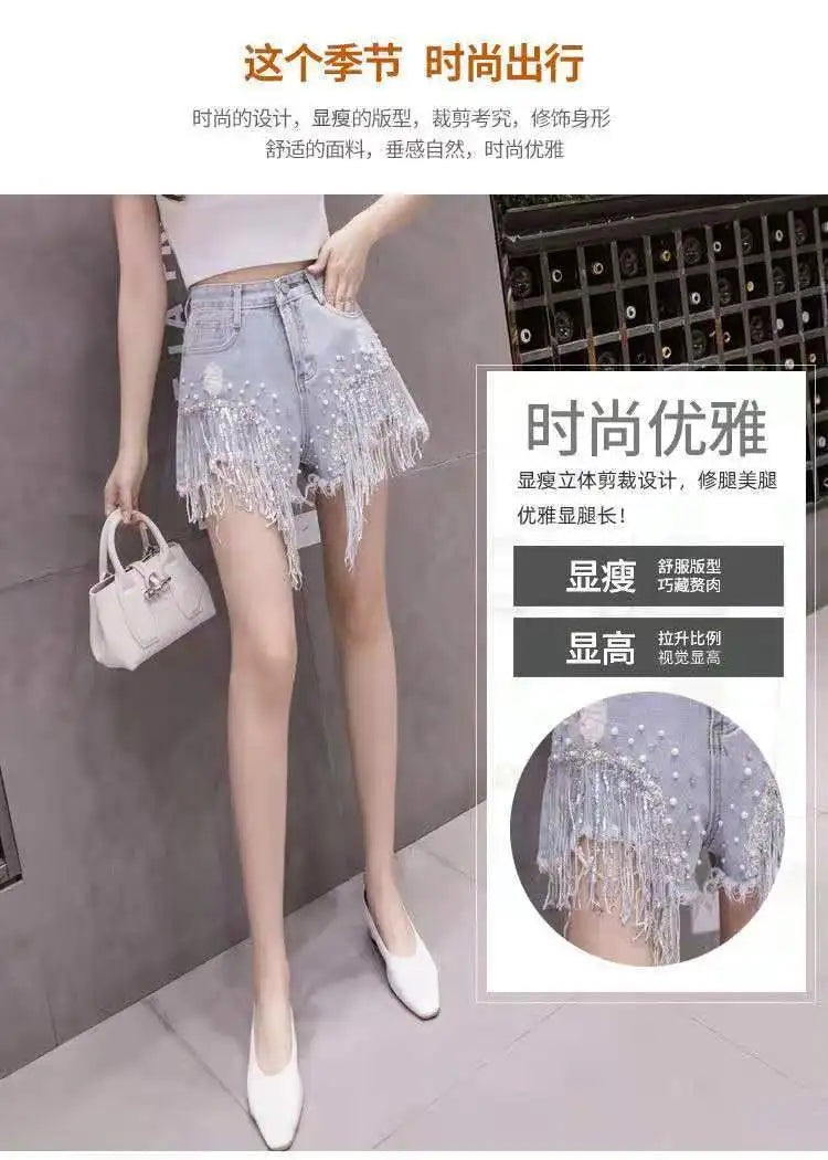 Summer New Style Personalized Denim Shorts for Women Internet Celebrity High Waist Diamond Sequins