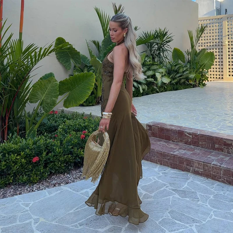Women Halter Neck Beaded Evening Maxi Dress Floral Rhinestone Slit Ruffle Formal Party Gown 2026 Summer New Female Daily Outfit