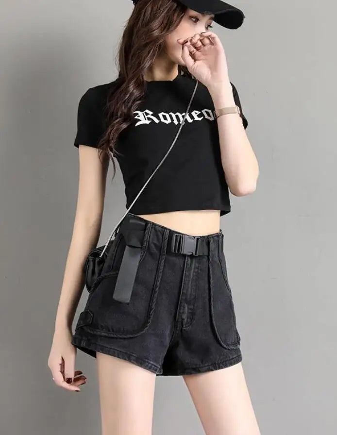 Punk Womens Denim Shorts Cargo Black Biker Short Pants For Women To Wear With Waist Pocket Outdoor Offer High Quality Hot Jeans