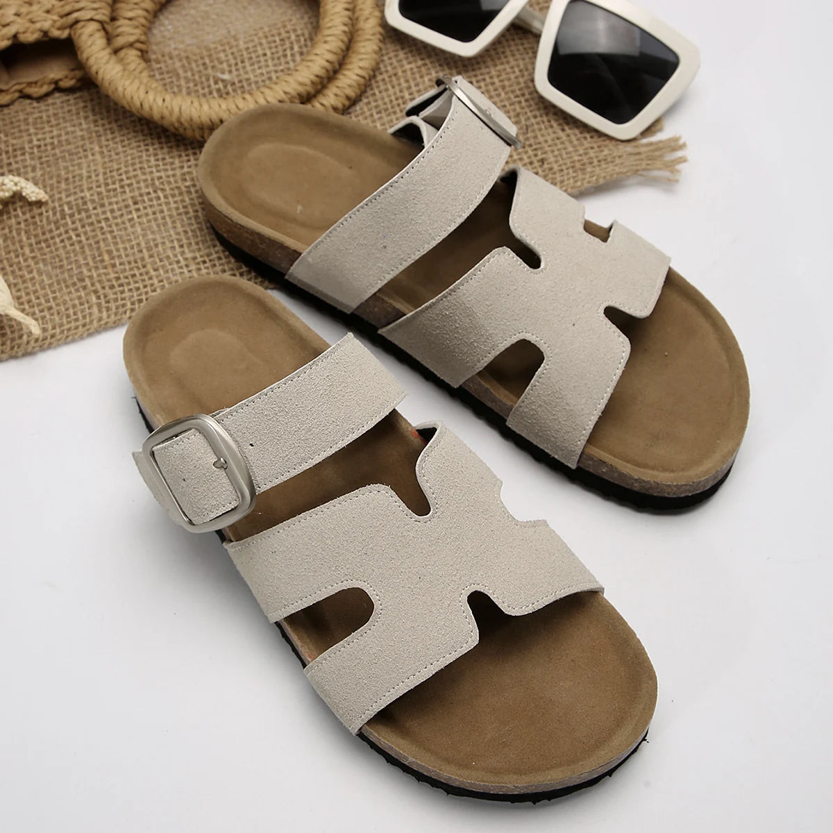Summer Fashion Suede Slippers With Arch Support Outdoor Classic Adjustable Buckle Beach Slide Women's Cork Clogs Sandals