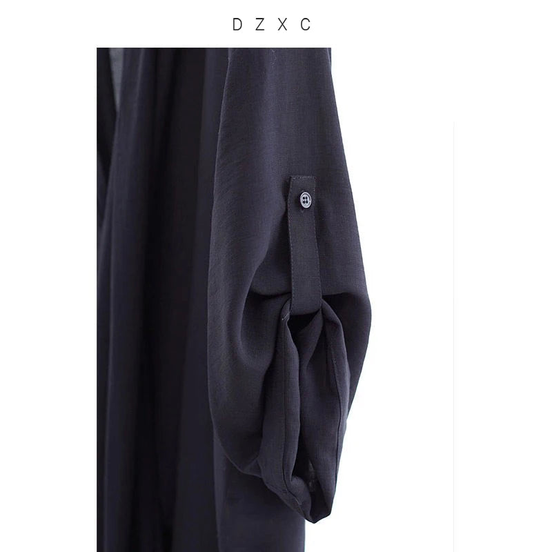 New Chinese-Style Dress~Draped Collar Navy Blue Pleated Dress, Summer Slimming and Elegant Long Dress for Women