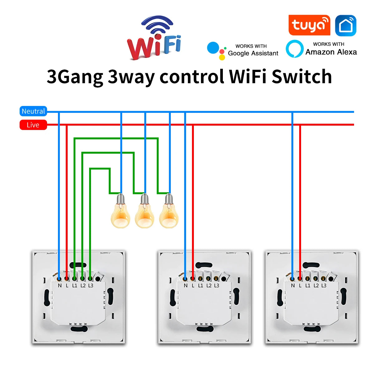 3way Wifi Switch 1/2/3gang Touch Light Switches With Tempered Glass Support Tuya Smart Life APP Voice Control For Stairs Bedroom