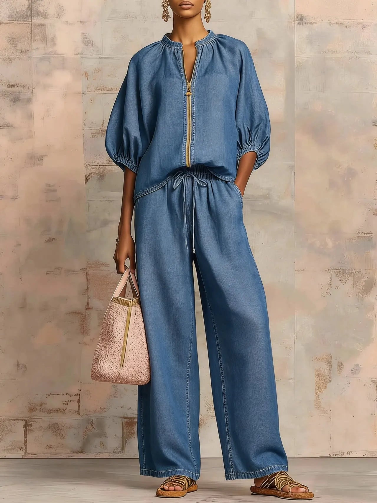 Women Solid 2 Piece Set Chic Laple Zipper Puff Sleeve Top + Wide Leg Pants Outfit Casual Matching Set for Vacation Daily Wear