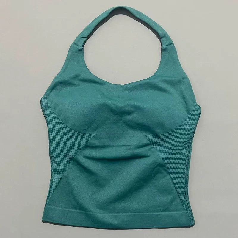 Halter Yoga Tank Top Women Sexy Seamless Strappy Backless Slim Fit Padded Breathable Gym Fitness Running Workout Sports Tops