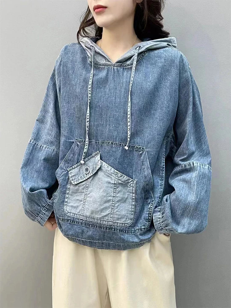 Amax luluE Spring Fashion Denim Hoodies Womens Vintage Hooded Classic Loose Sweatshirts Ladies Harajuku Leisure Korean Clothes