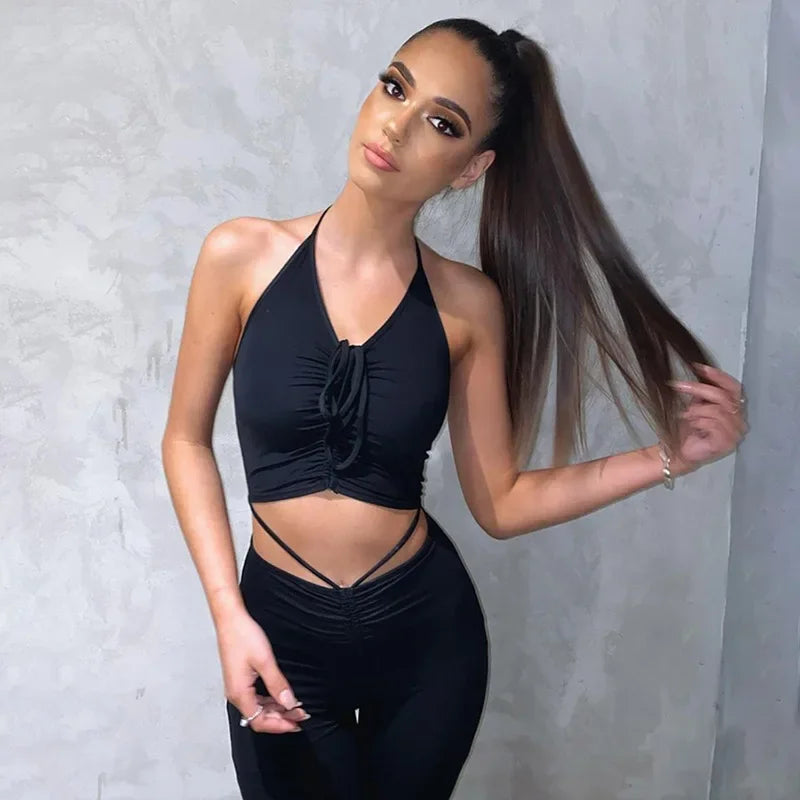 Solid 2 Piece Sets Womens Outfits Neck-mounted Halter Top Low Waist Long Pants Set Conjuntos Feminino Elegante Ensemble Femme