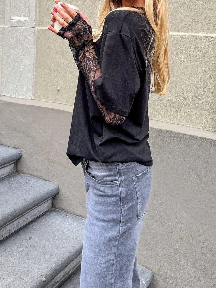 Women Round Neck T-Shirt Lace Long Sleeve Casual Shirts Spring Fall Loose Fit Tops Ladies Solid Color Tee for Streetwear Y2K 00s
