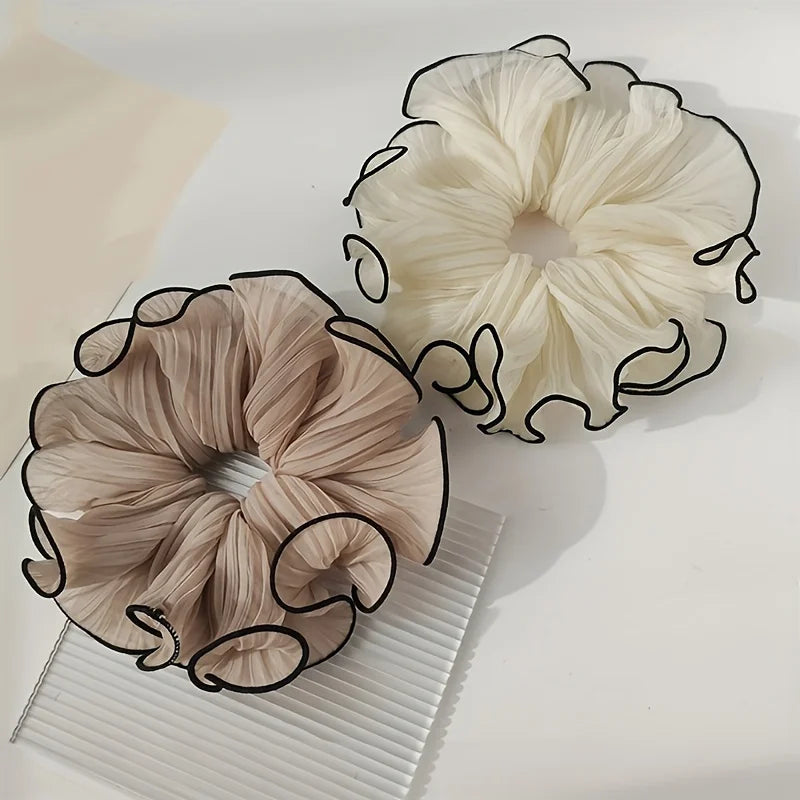 Elegant Tassel Design Fabric Hair Ties - Solid Color Chiffon Scrunchies, Pleated Hair Bands for Women'S Bun