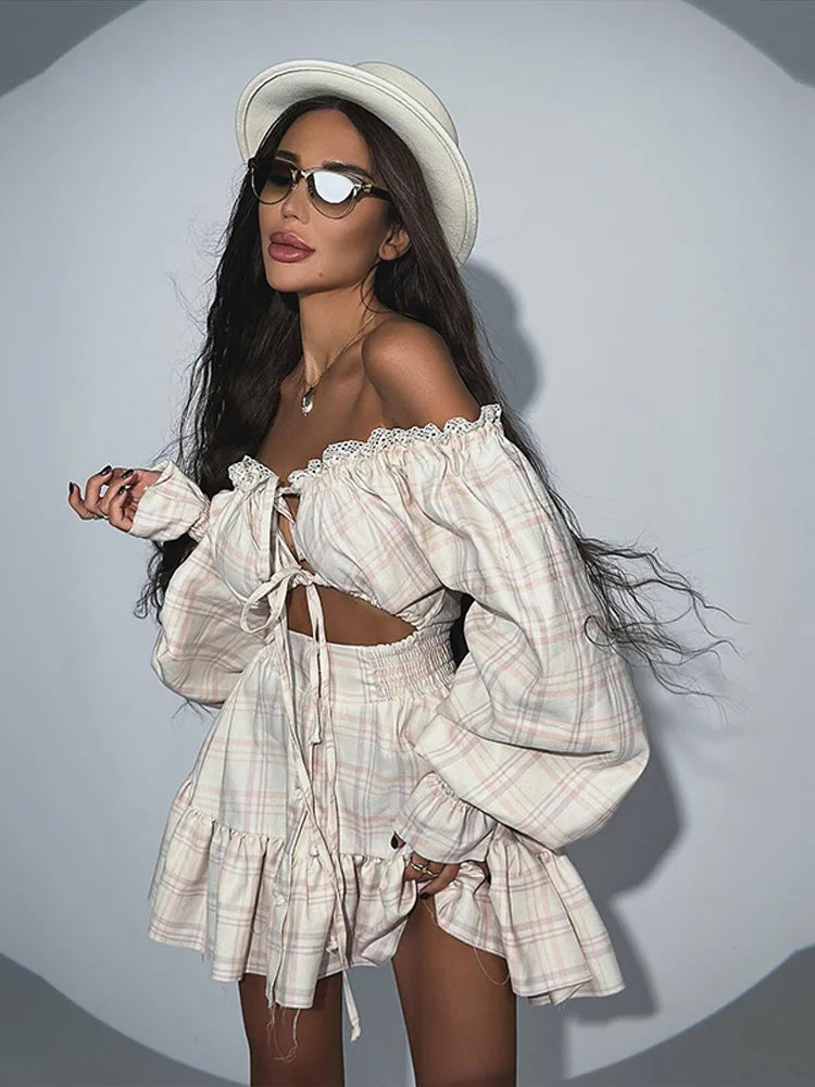 Slash Neck Lace Up Hollow Out Mini Print Dress Women Sexy Lantern Full Sleeve Backless Evening Dresses Hot Girl Summer Partywear
