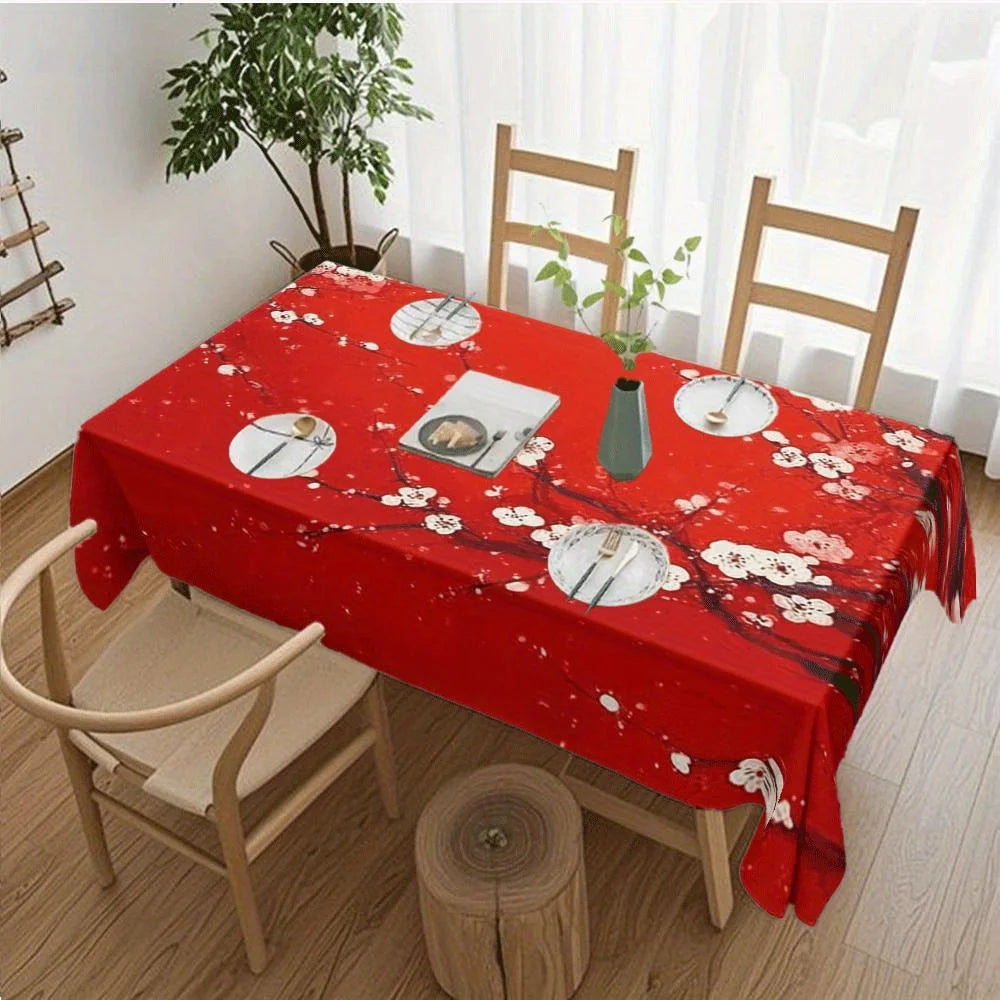 Chinese New Year Waterproof Tablecloth for Table Decor Golden Cherry Blossom Floral Print Table Cloth Holiday Party Decorations