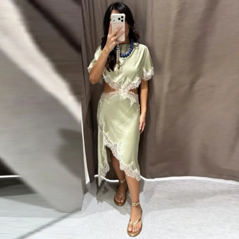 HXAO Asymmetric Satin Lace Dress Women's Dress Summer 2026 Sexy Midi O-Neck Batwing Short Sleeve Cut Out Vestidos Party Dresses