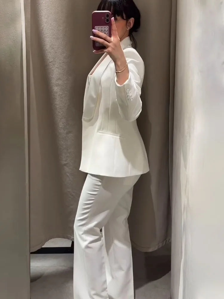 HH 2026 Women New Fashion Solid 2-Piece Set Single Button Long Sleeve Blazer Jacket+High Waist Zipper Pockets Solid Long Pants