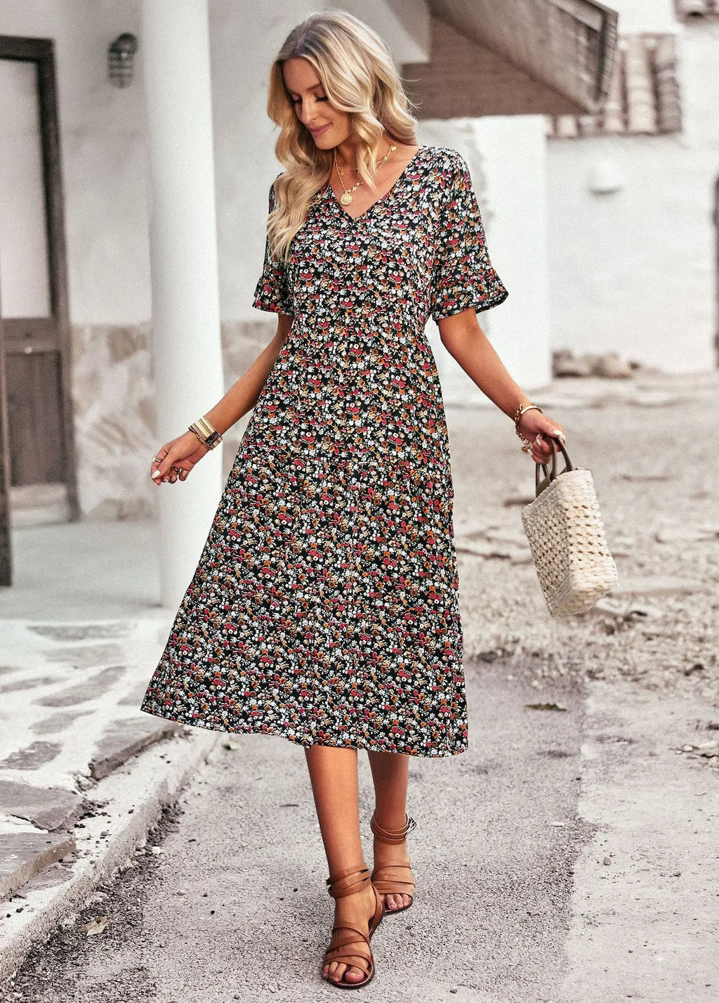 Msfilia Fashion V Neck Elegant Printed Dress Women Summer Short Sleeve High Waist A Line Floral Holiday Dresses