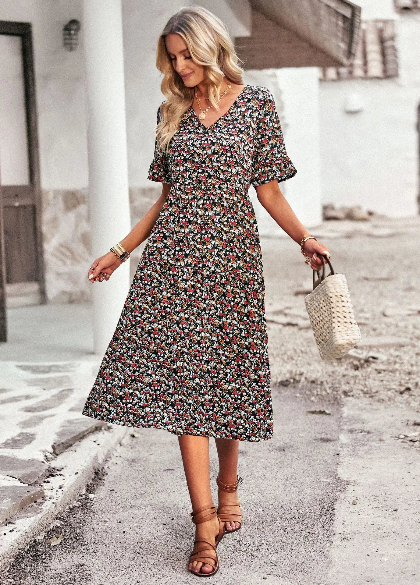Msfilia Fashion V Neck Elegant Printed Dress Women Summer Short Sleeve High Waist A Line Floral Holiday Dresses