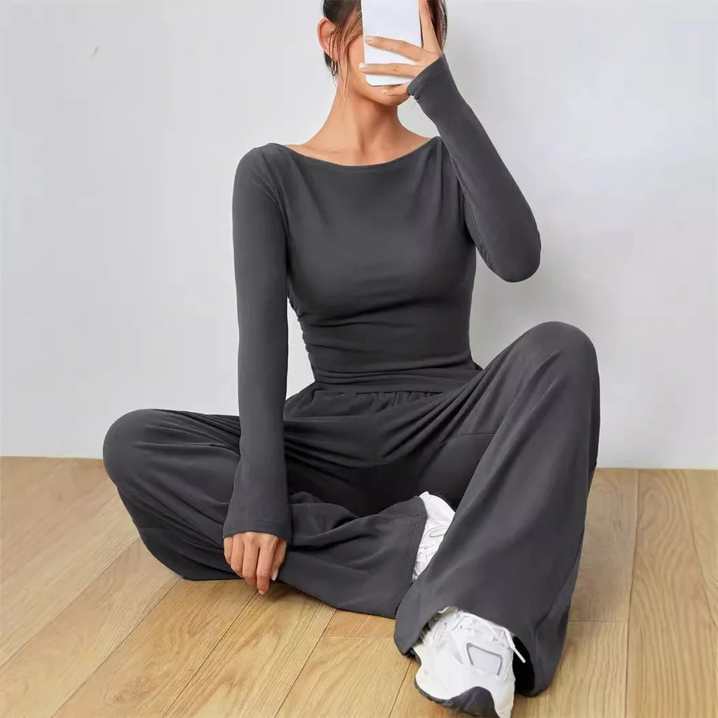 Trendy Slim Solid Color Trousers Suit For Women Simple Slim Irregular T-shirt Wide-leg Trousers Two-piece Casual Spring Suit