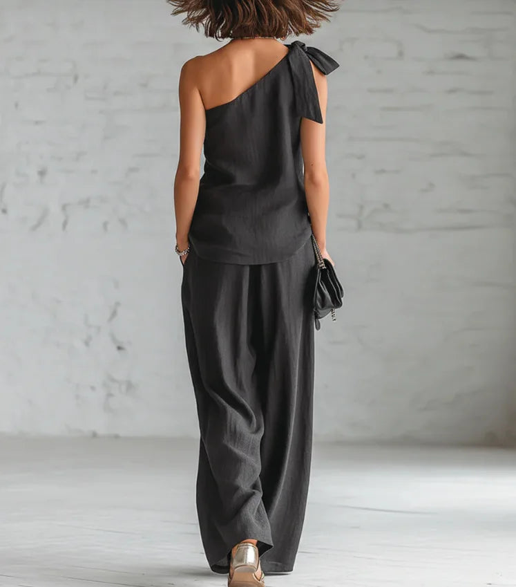 Summer Sexy Off Shoulder Tank Tops And Wide Leg Pants Two Piece Sets Casual Loose Solid High Waist Pants Sets Lace Tops Outfits