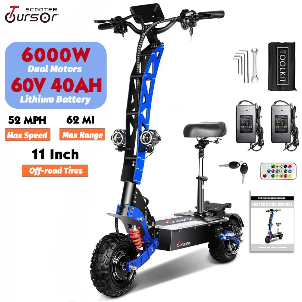 E8P 6000W Dual Motor 60V 40AH Electric Scooter 11 inch Off-Road Tyres with Seat Max Speed 85-90km/hLCD Display Foldable Escooter