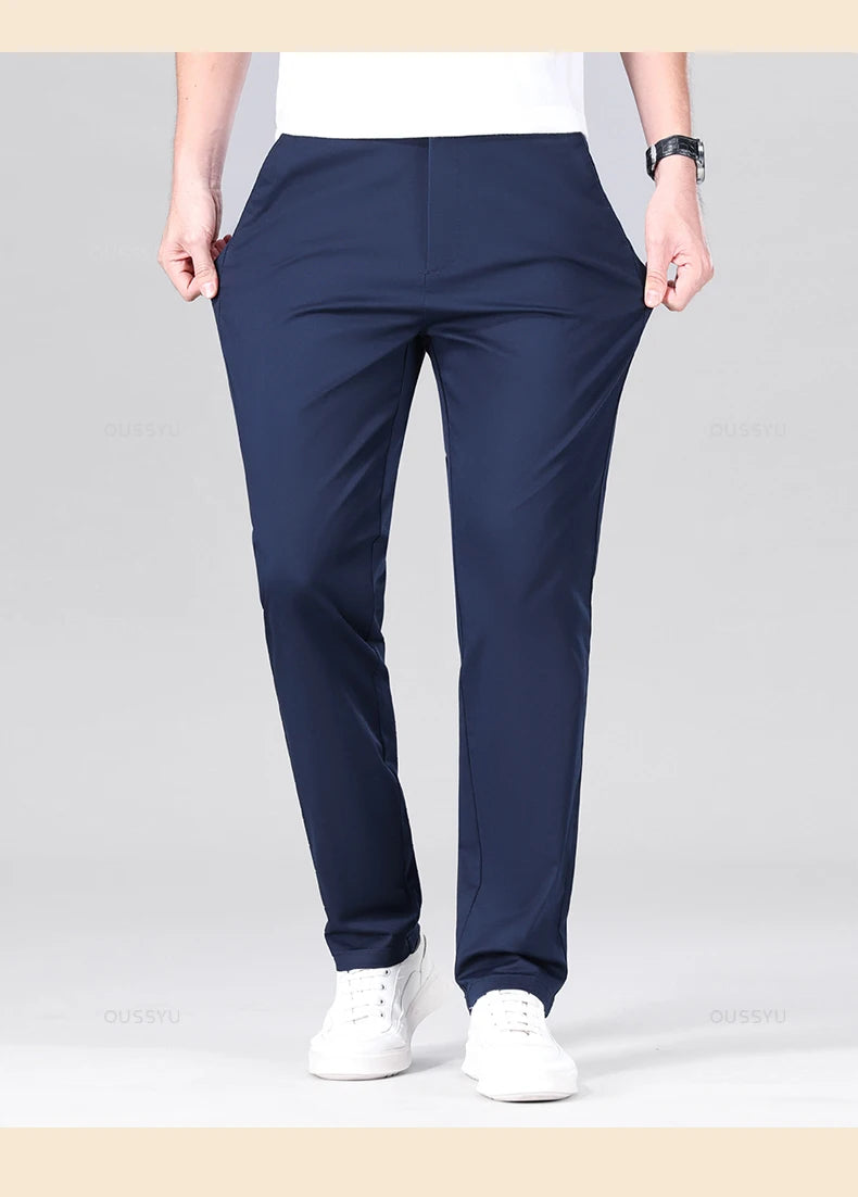 High Quality 97% Cotton Men's Straight Pants Business Solid Color Khaki Light gray Casual Formal Suit Trousers Plus Size 40 42