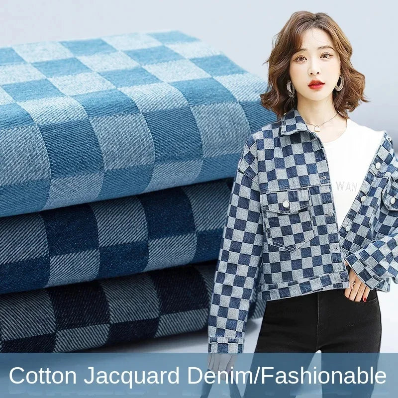 100% Cotton Jacquard Denim Fabric Plaid Jeans By The Meter for Dress Shirt Designer Clothing Sewing Washed Thickened Cloth Blue