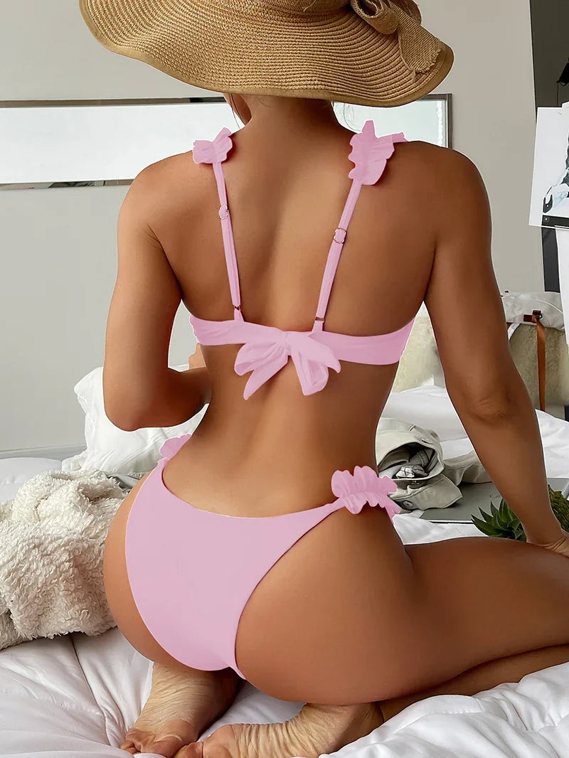 Push Up Bikini Set Women 2026 Swimsuit Sexy Bow Biquini Lace Up Summer Bathing Suit Lady Two Pieces Swimwear Woman Beachwear L