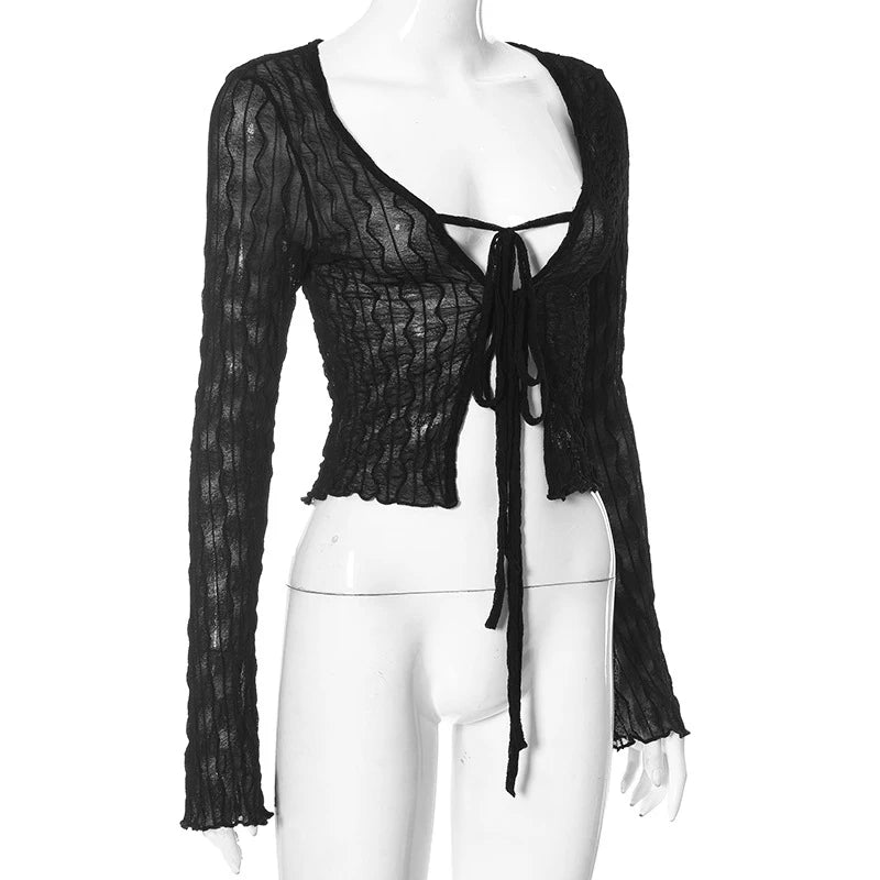 Gothic Lace Up Sexy Blouses Grunge Y2k Fairycore Long Sleeve T-shirts Female Transprent Skinny Fashion Tops