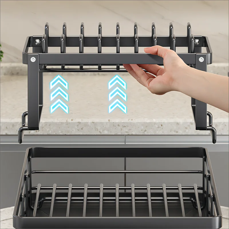 Dish Drying Rack Adjustable Kitchen Plates Organizer with Drainboard Over Sink Plate Drainer Storage Organizer