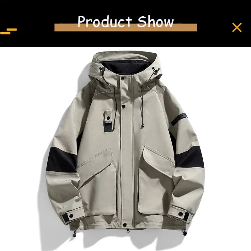 2026 Men Spring Autumn Outdoor Leisure Cargo Hooded Jacket Men Hiking Sport Windbreak Fashion Pocket Loose Jacket Coat Male Hots