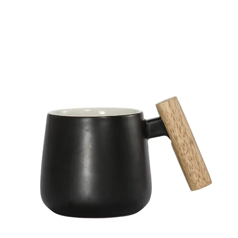 Nordic Style Black White Fat Body Coffee Mug with Wooden Handle and Spoon Modern Office Use Water Milk Drinks Ceramic Cups