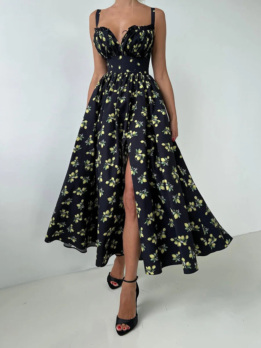 Bornladies 2025 Summer New Printing Cami Dress High Waist Slit Lemon Print Maxi Dress Vacation Long Dress For Women