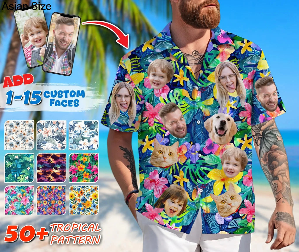 Hawaiian Shirt With Custom Face For Men Women Personalized Hawaii Gift For Girlfriend Boyfriend Tropical Beach Button Down Shirt