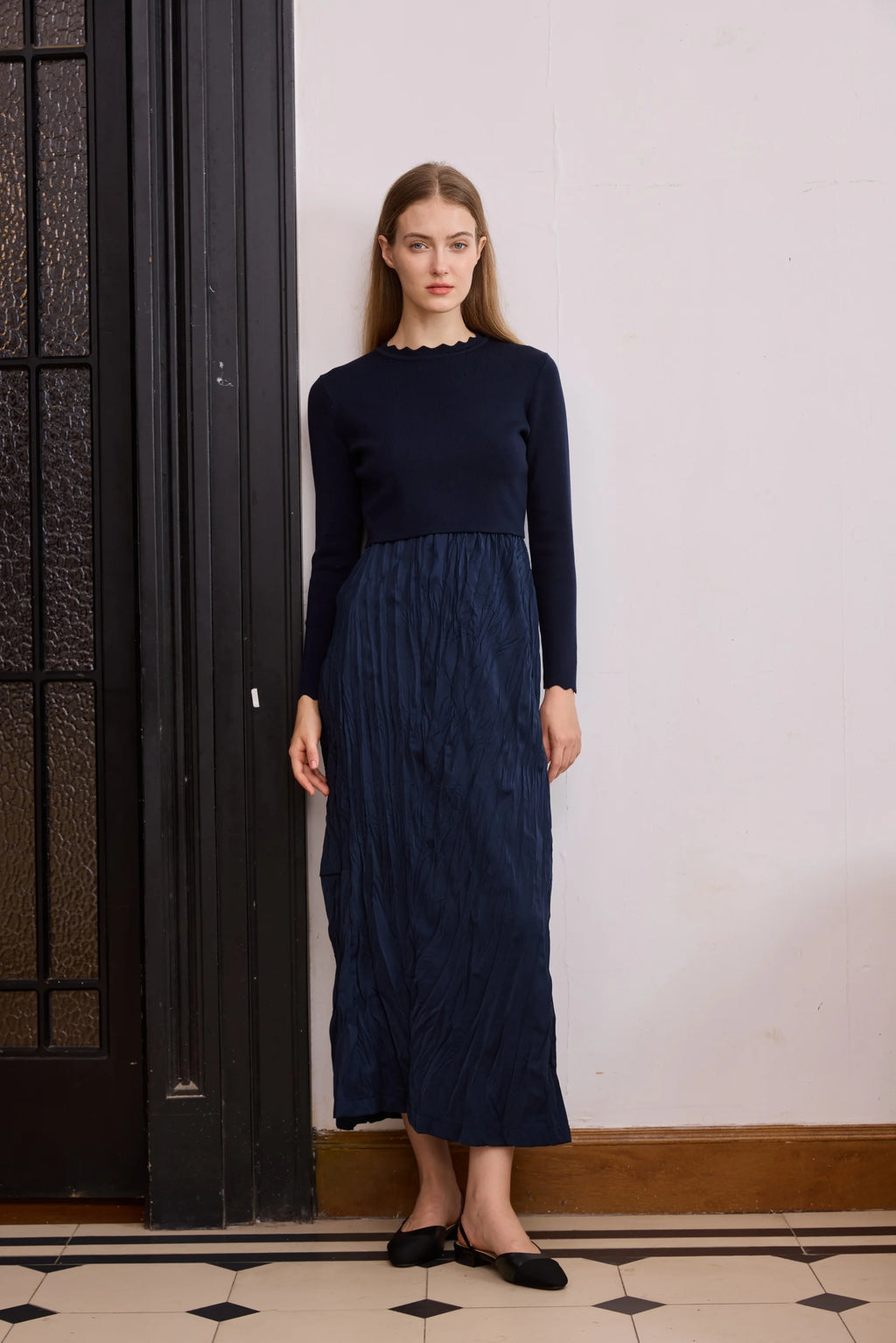 AP 2026 Women Autumn and Winter Crinkle Dress Knitting Patchwork Elegant Lady Maxi Dress