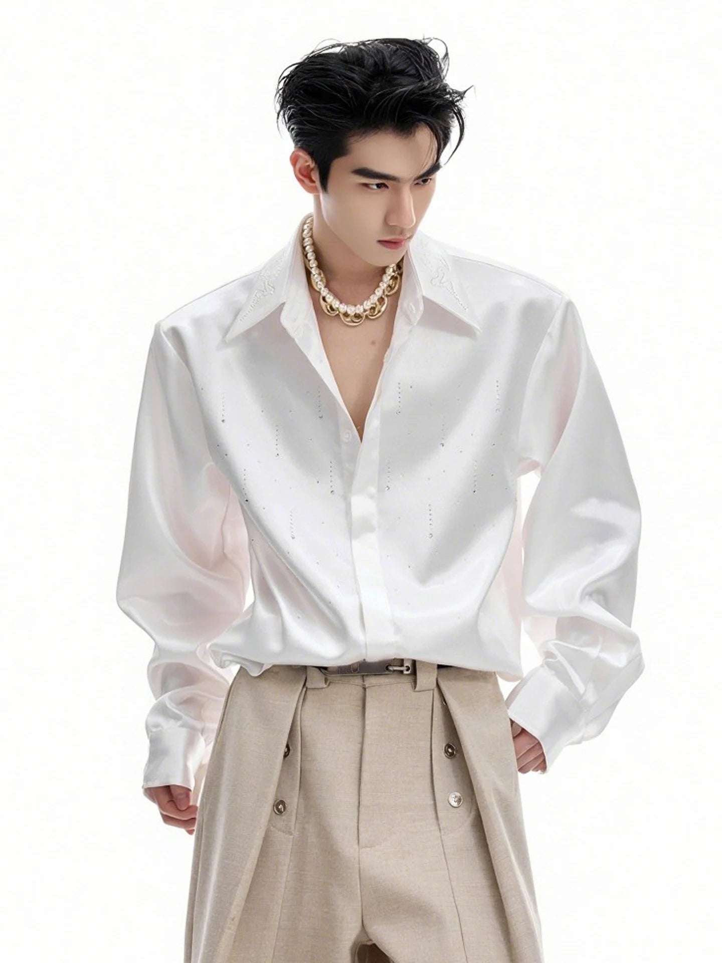 Men's Satin Rhinestone Shiny Long Sleeve Shirts 2025 Spring Autumn New High-end Loose Comfort Shirts Trendy Diamond Chic Jackets