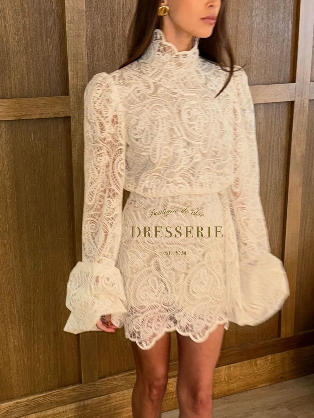 Fashion Lantern-Style High-Neck Lace Two-Piece Set - New Design Women's Co-ord Outfit Top And Bottom Ensemble