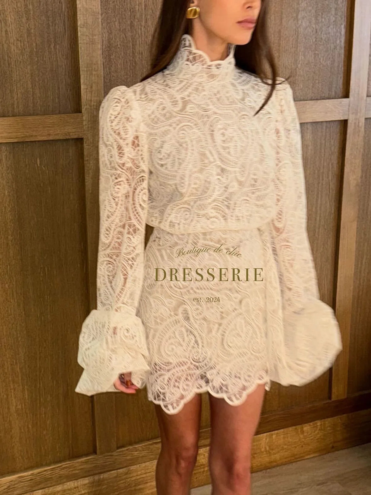 Fashion Lantern-Style High-Neck Lace Two-Piece Set - New Design Women's Co-ord Outfit Top And Bottom Ensemble