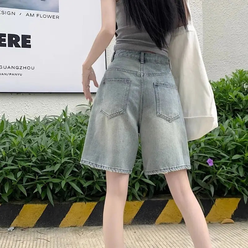 Denim Shorts Vintage High Waist Loose Fit Distressed Design Ins Style Sweet Spicy Girls All-match Casual Summer Streetwear Y2k