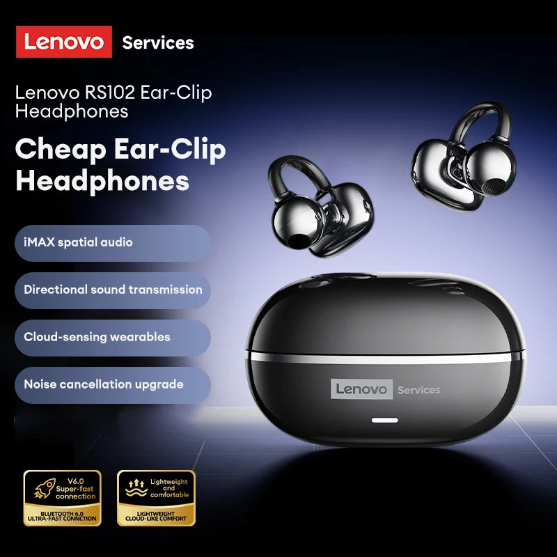 NEW Lenovo RS102 Open Ear Wireless Earphones Bluetooth 6.0 Clip On OWS Sports Headphones Ear Clip Earbuds Touch Control with Mic