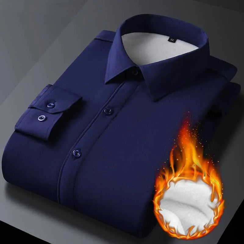 Men's Business Formal Lapel Shirts Autumn and Winter Thickened Warm Office Work Shirt Men Solid Color Casual Long Sleeve Tops