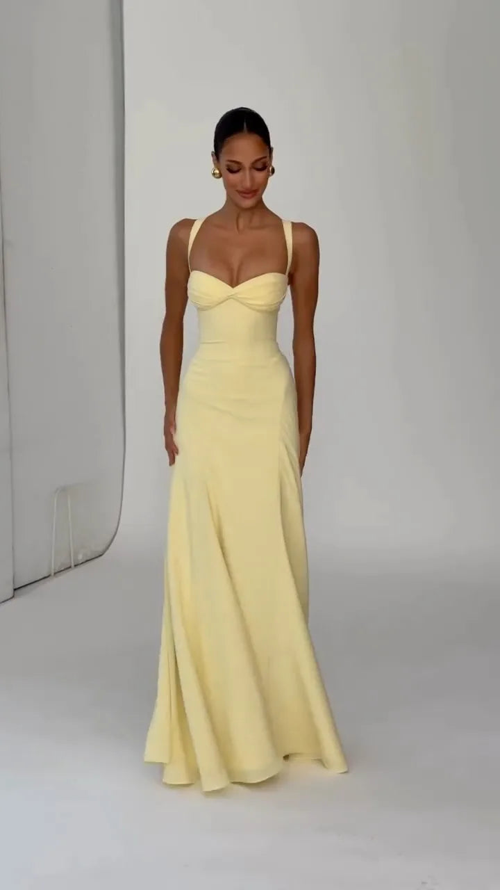 Women Yellow Low Cut Backless High Waisted Dress Lace Up Sleeveless Waist Cincher Spaghetti Strap Vestidos Party Club Women Robe