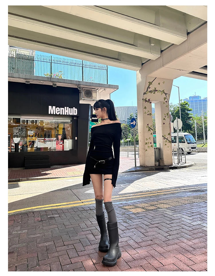 Seeslim Black Slim Sexy Mini Dress Women Long Sleeve Autumn Off Shoulder Korean Fashion 2000s Y2k Clothes Party Dresses Chic