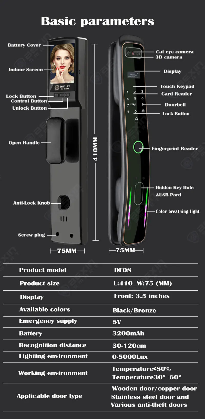 WISHome APP or Tuya App 3D Face Recognition smart Door Lock Unlock Digital Smart Lock Fingerprint Key Card Nfc Phone Unlock Lock