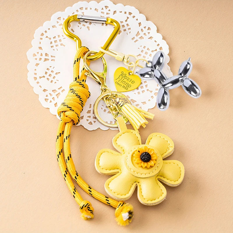Creative Key Pendant Leather Sunflower Braided Rope Handing Pendant Girl's Bag Charms Women Keyring Hanging Ornament