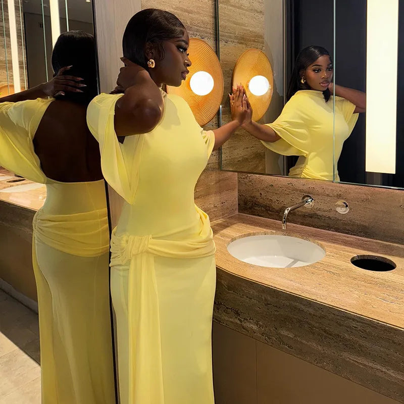 Joskaa Elegant O-Neck Half Sleeve Backless Ruched Slit Bodycon Maxi Dress for Woman 2025 Fall Birthday Evening Vacation Clubwear