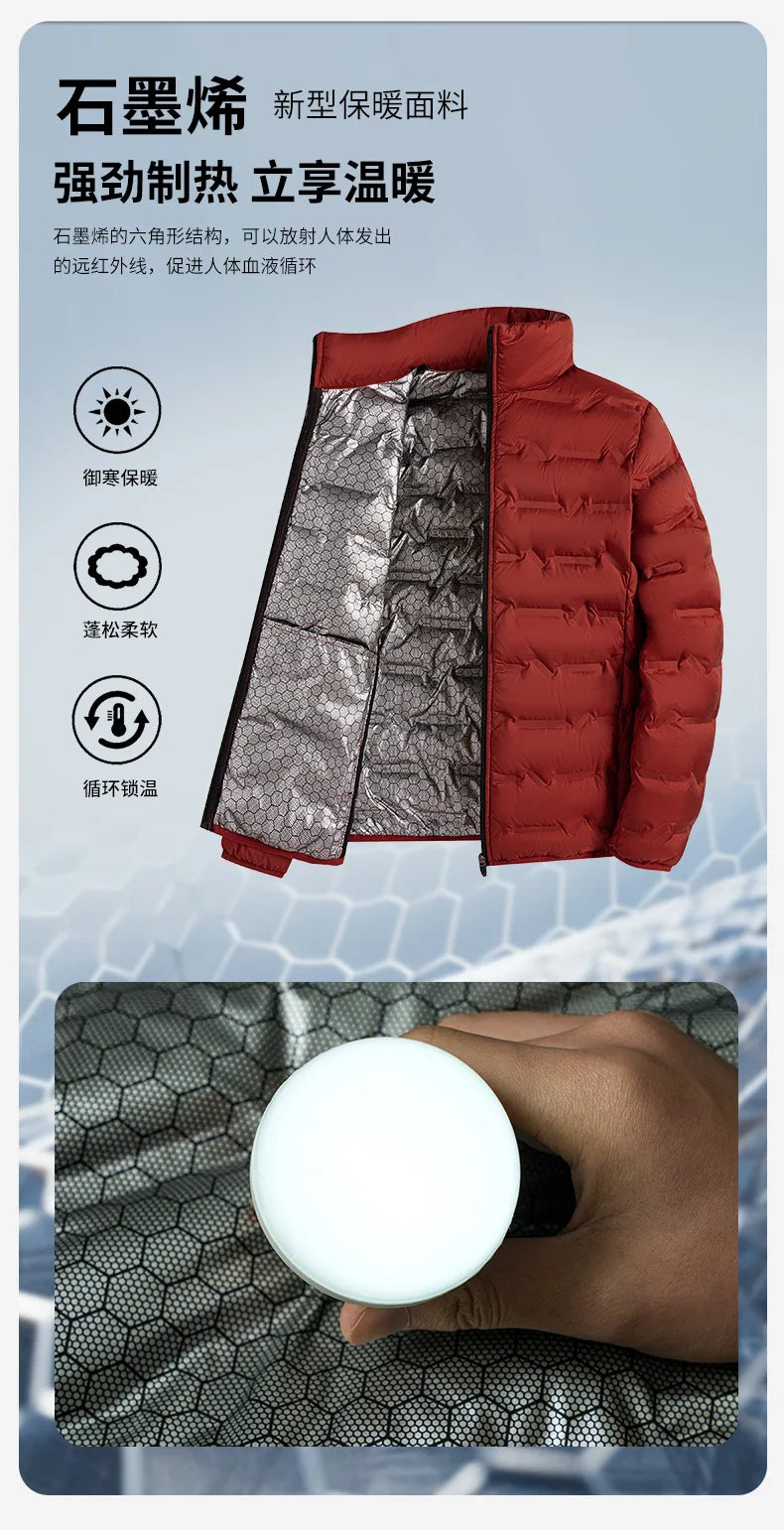 2025 Graphene Self-heating Down Jacket Men Solid Windproof Pleated Down Jackets Stand Collar Classical Warm Winter Jackets Male