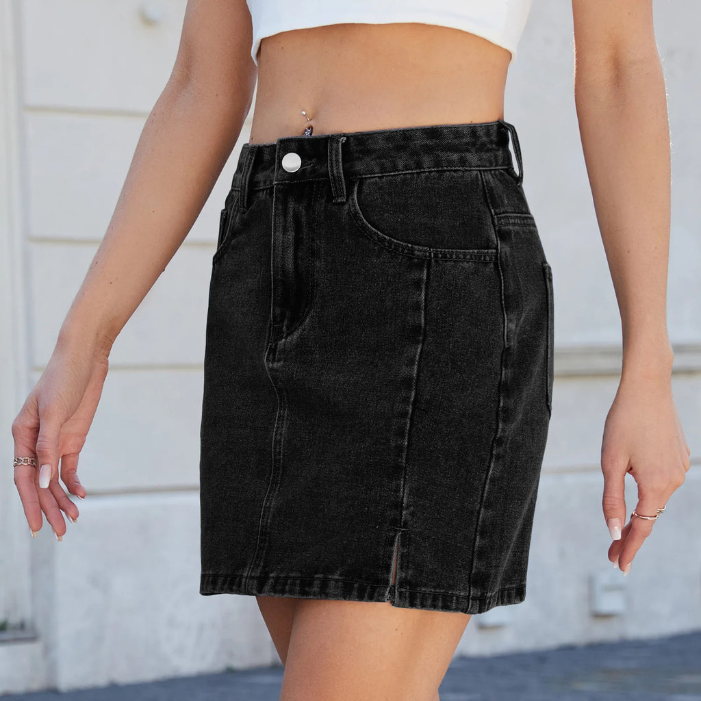 Women Summer Denim Skirts Solid Color Straight Jeans Mini Skirt