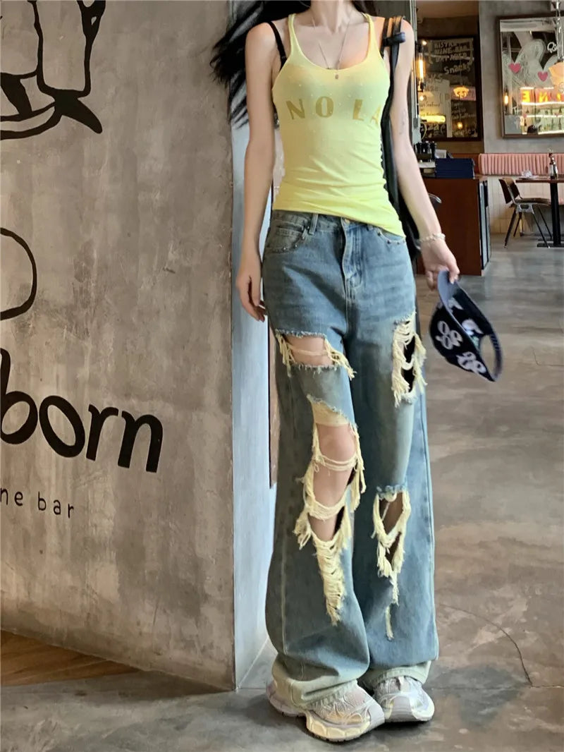 Retro Ripped Jeans for Women Summer High Waisted Loose Straight Leg Pants 2026 New Casual High Street Wide Leg Denim Trousers