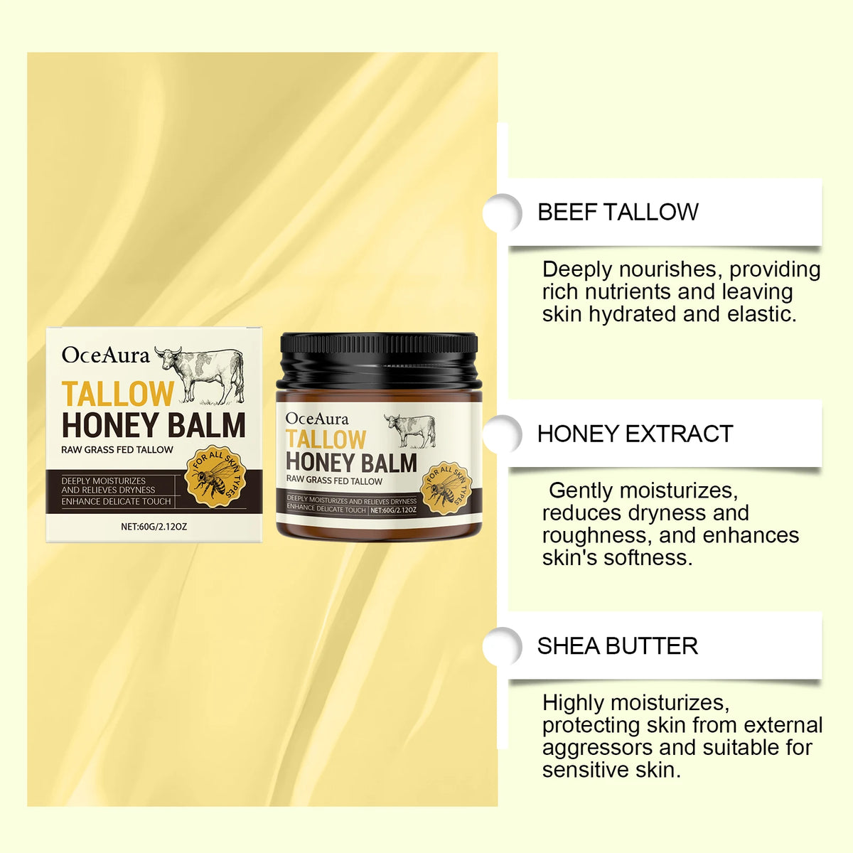 OCEAURA Organic Beef Tallow Honey Balm Lock Moisture Soften Rough Skin Smoother Texture Natural Formula Face Body Moisturizer