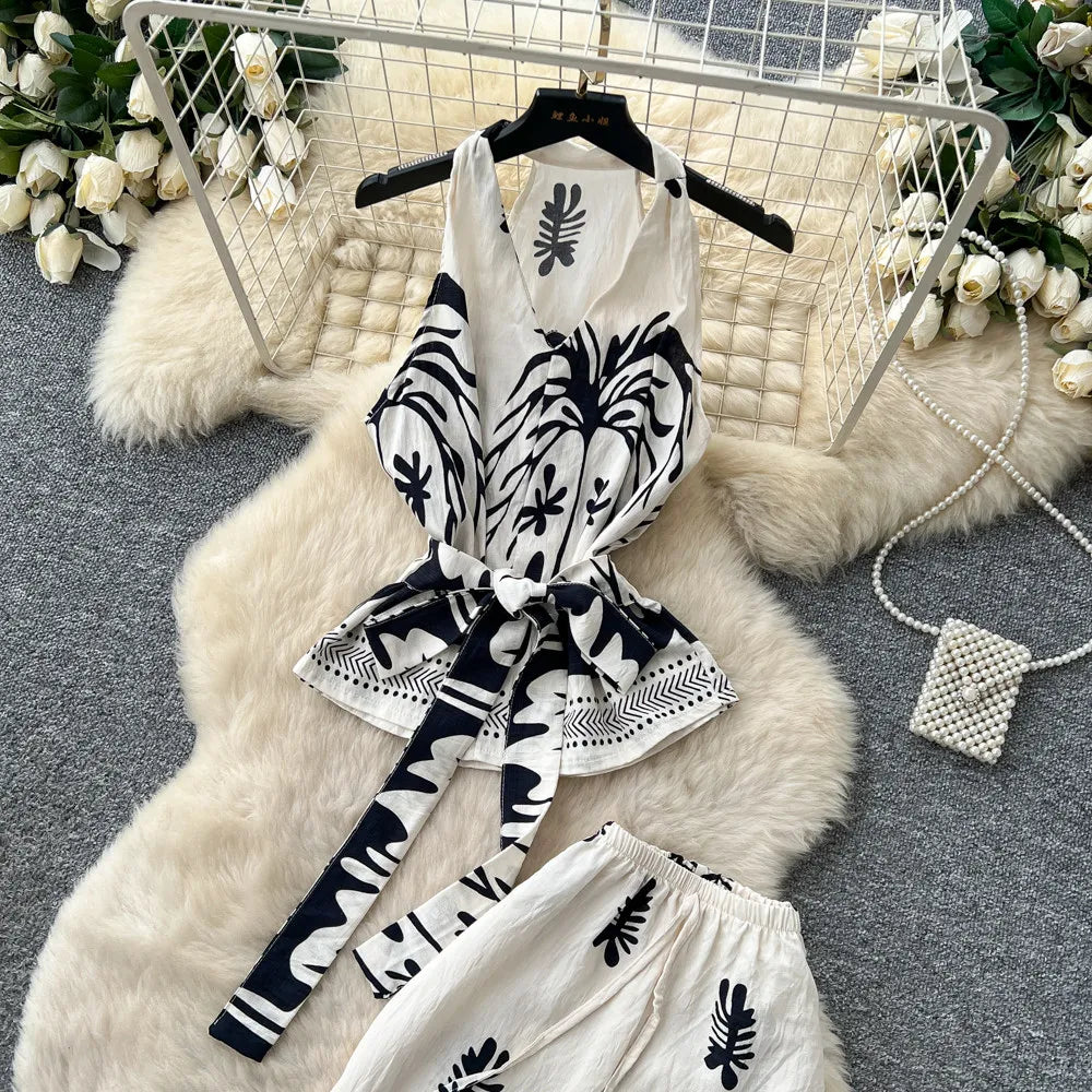SINGREINY Boho Print Vacation Suits Summer 2026 Sleeveless Lace Up Tank Top+Loose Wide Leg Pant Chic Lazy Casual Women 2pcs Sets