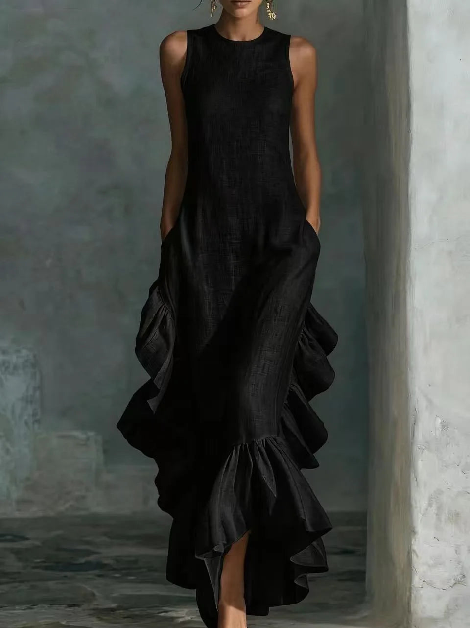 Elegant Solid Ruffle Long Dress Women 2026 Fashion O Neck Sleeveless Maxi Dress Summer Ruffle Hem Tank Boho Vacation Beach Dress